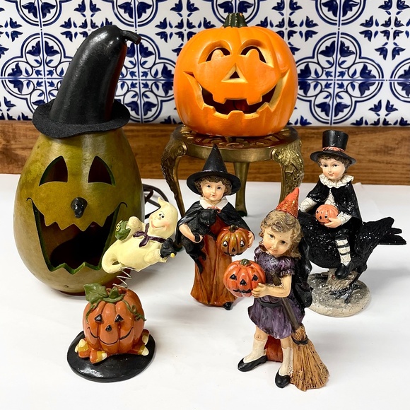 Halloween Collectible Figurine Lot 6 Piece Witch Girl Raven Gourd Pumpkin Decor - Picture 1 of 14